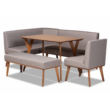 Baxton Studio Odessa Mid-Century Modern Grey Fabric and Walnut Brown Finished Wood 5-Piece Dining Nook Set 175-10843-10842-10980-10840-Zoro
